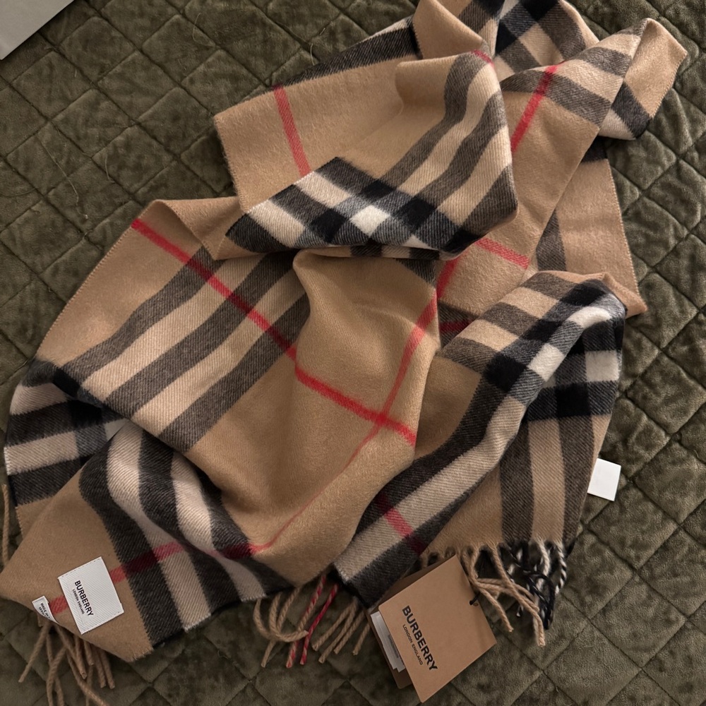 Burberry Tan and Red Cashmere Scarf
